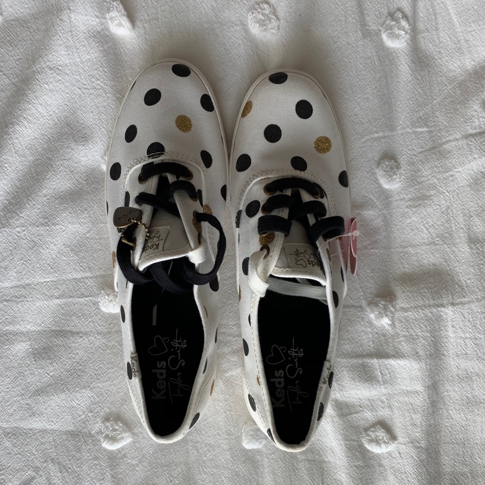 black gold and white polka dot keds